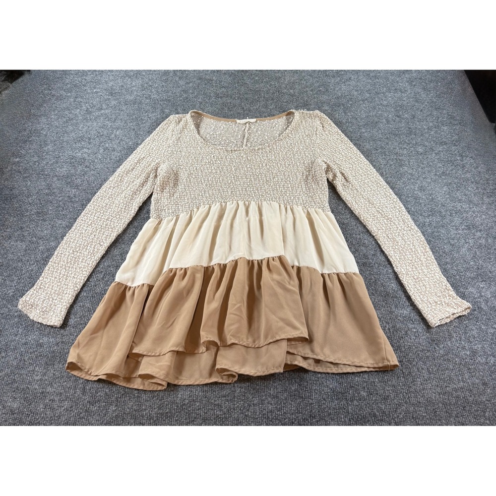 Entro Womens Tan Cream Tiered Chiffon Mixed Media Knit Tunic Top Small 1806